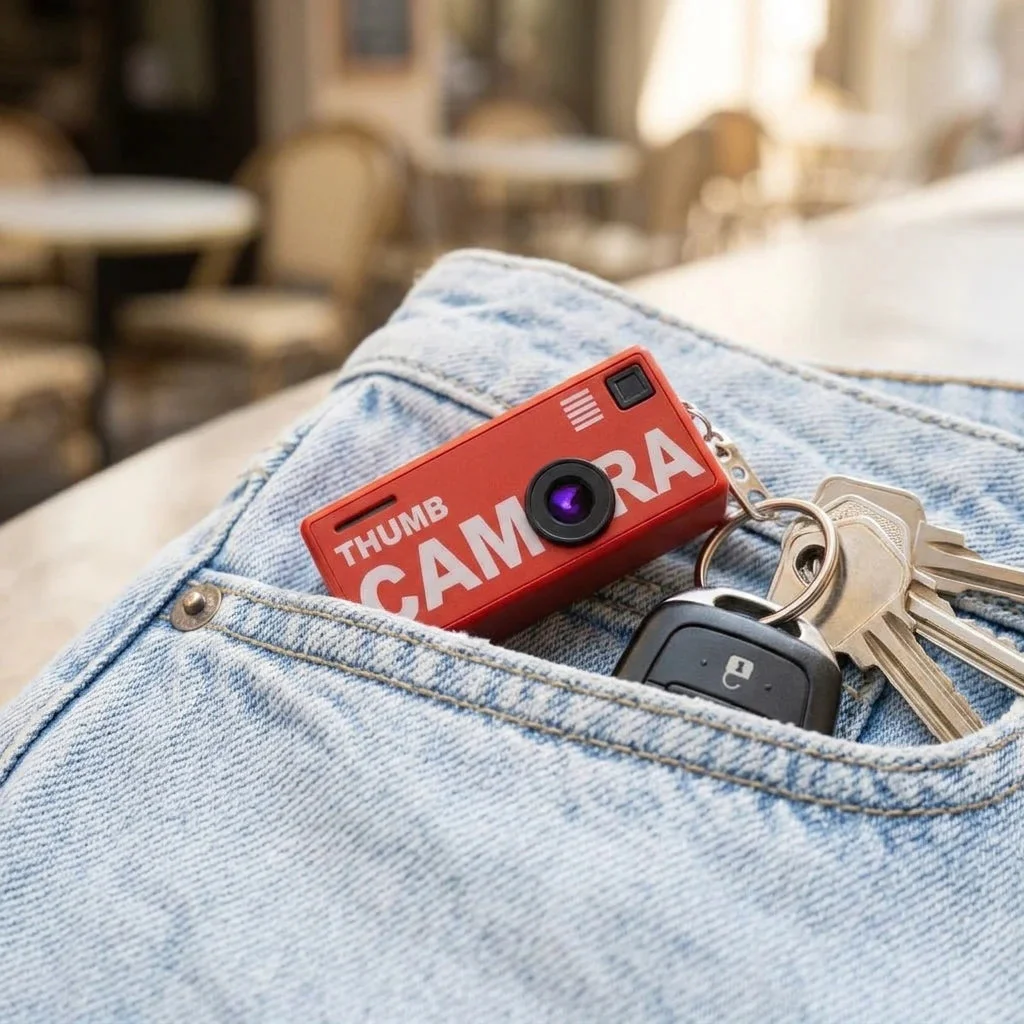 MiniCam Retro Zevlo rouge dans une poche de jean avec des clés