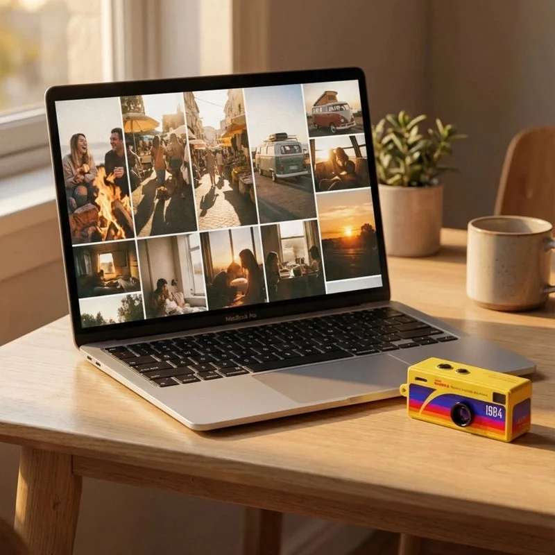 MiniCam Retro Zevlo jaune à côté d'un ordinateur affichant des photos