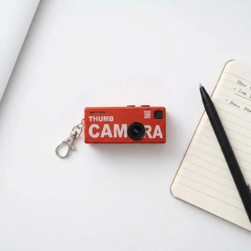 MiniCam Retro Zevlo rouge posé sur un bureau avec un carnet